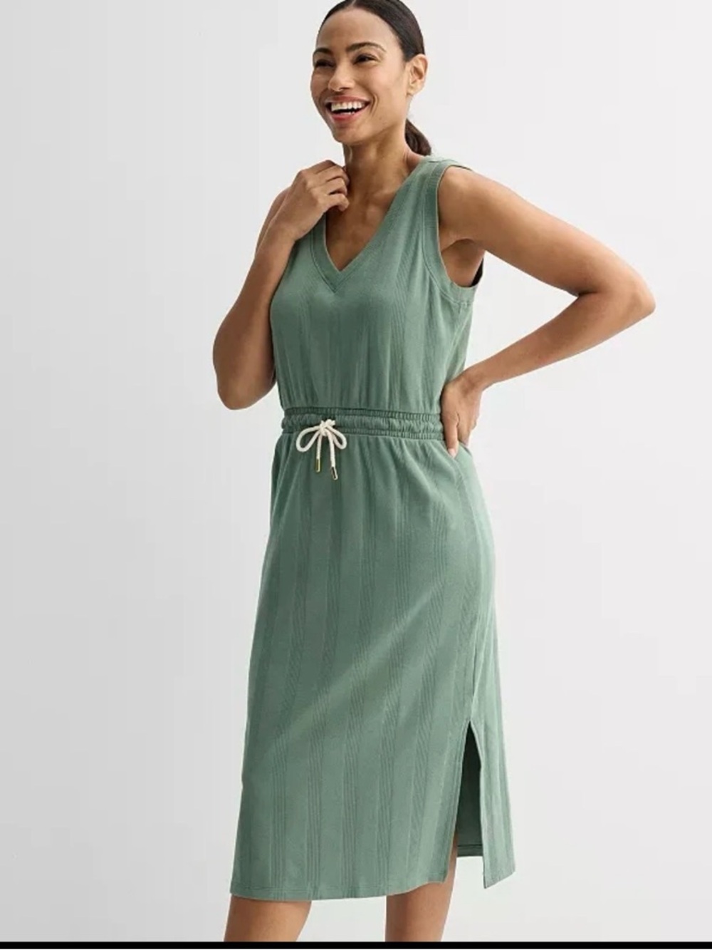 Sonoma Goods For Life Ribbed Midi Dress Women’s Size S Green Sleeveless V-Neck